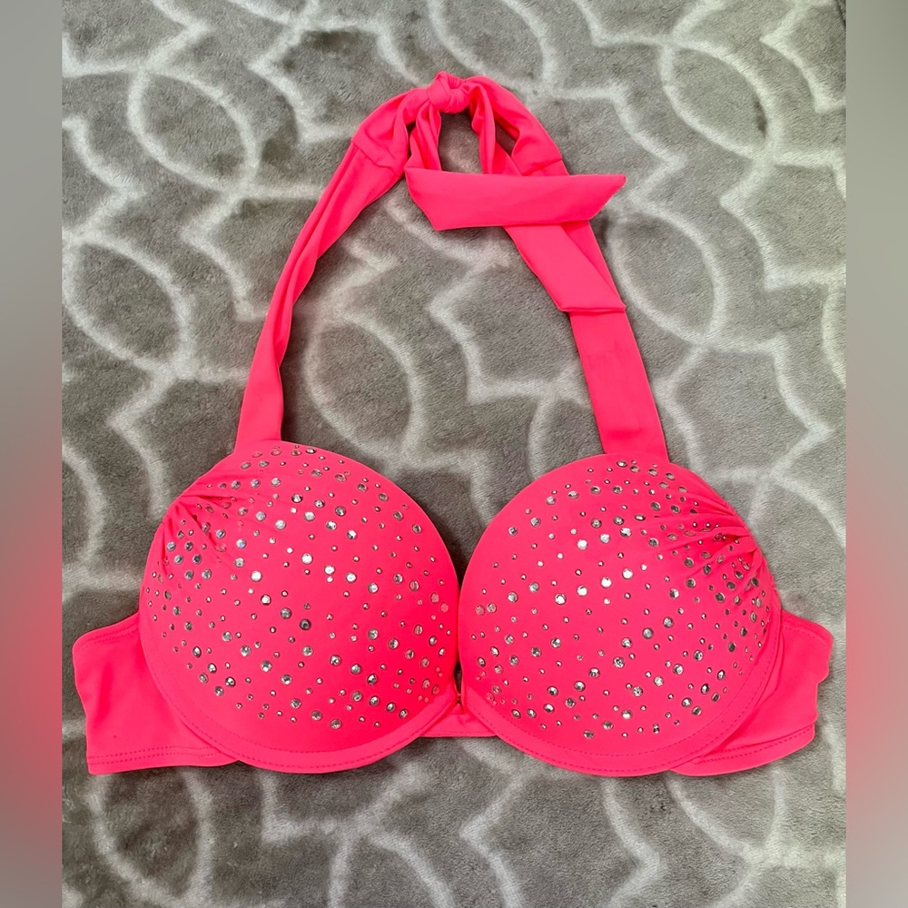 Apollo Swimwear bikini top, hot pink w/ rhinestones, Size M